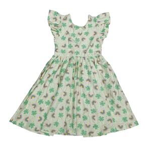Girls' Green Clover & Rainbow Print Casual Dress